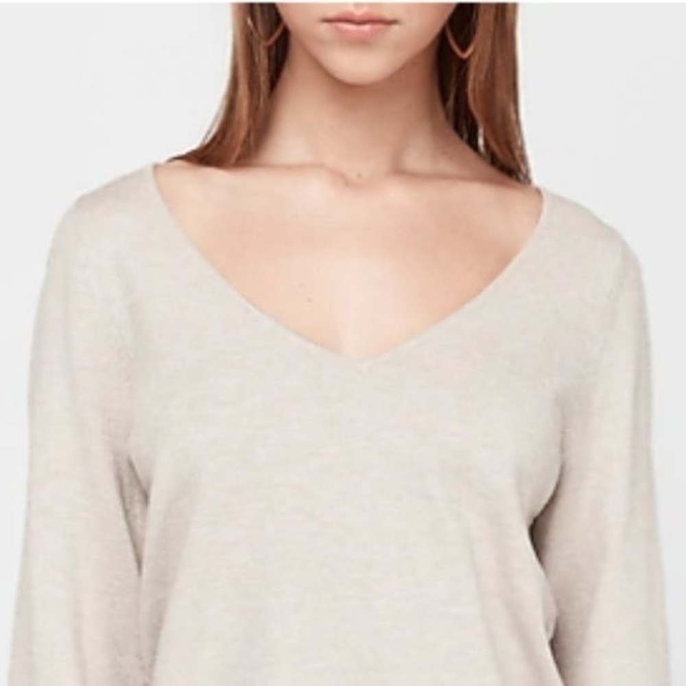 Express Beige Deep V-Neck Balloon Sleeve Sweater